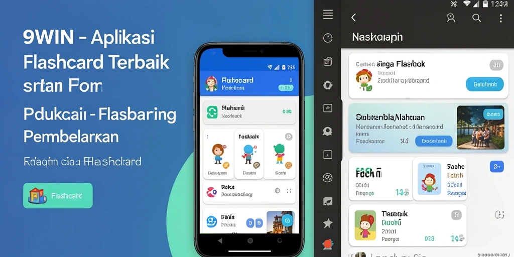 Screenshot antarmuka aplikasi Flashcard 9WIN dengan fitur interaktif.